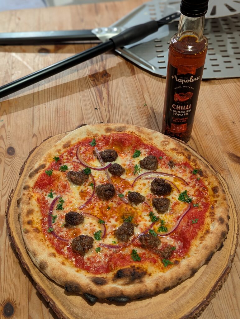 meatball pizza with chilli oil