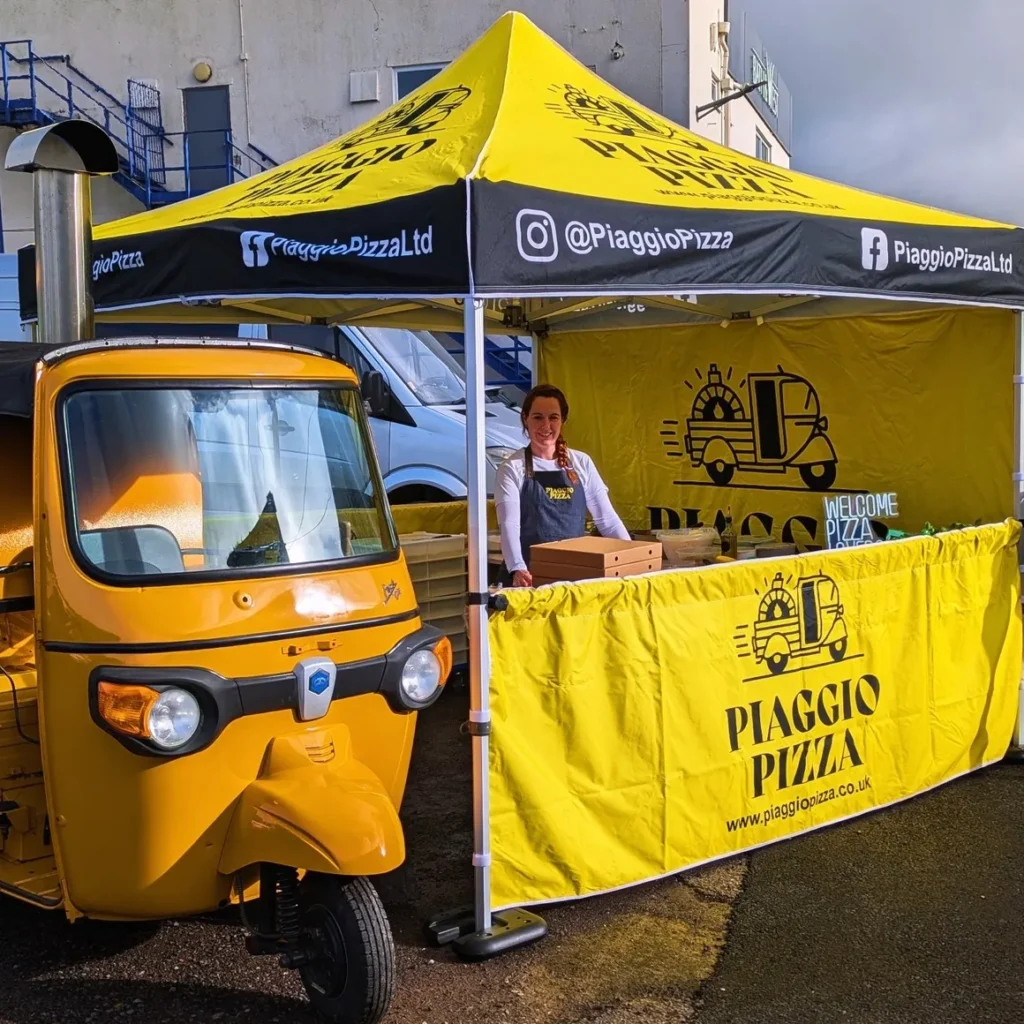 Piaggio Ape, wood fired pizza oven and branded gazebo